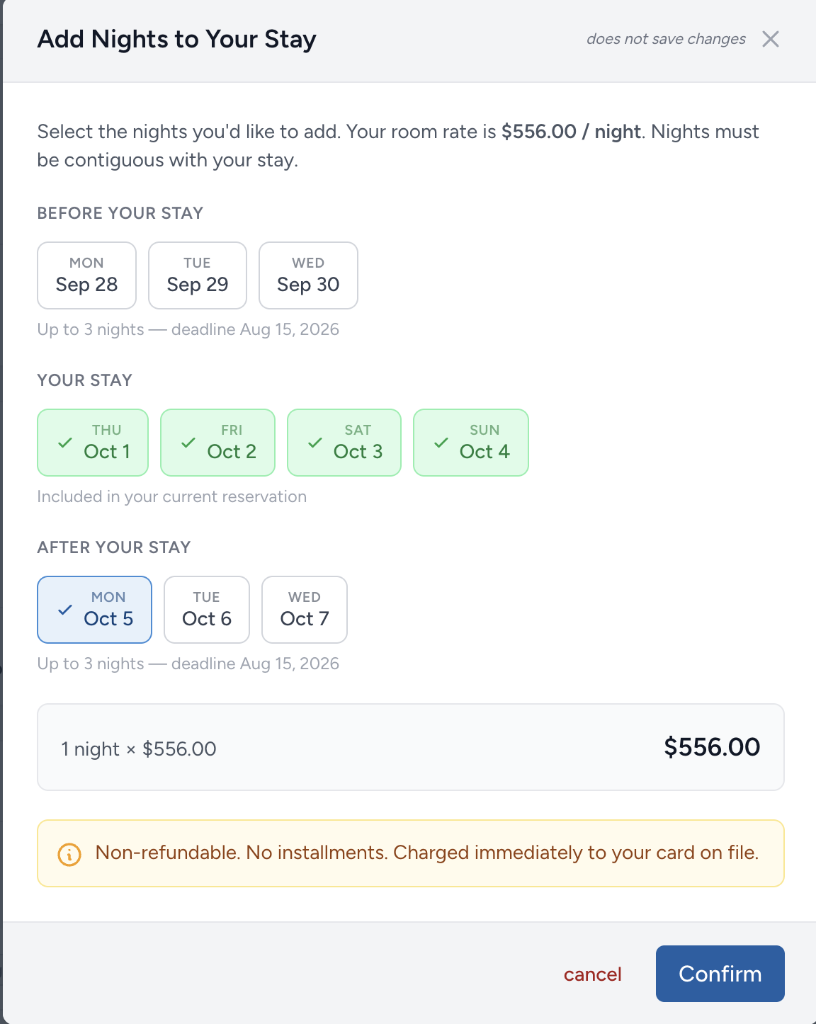 The Add Nights to Your Stay window where you pick the nights to add
