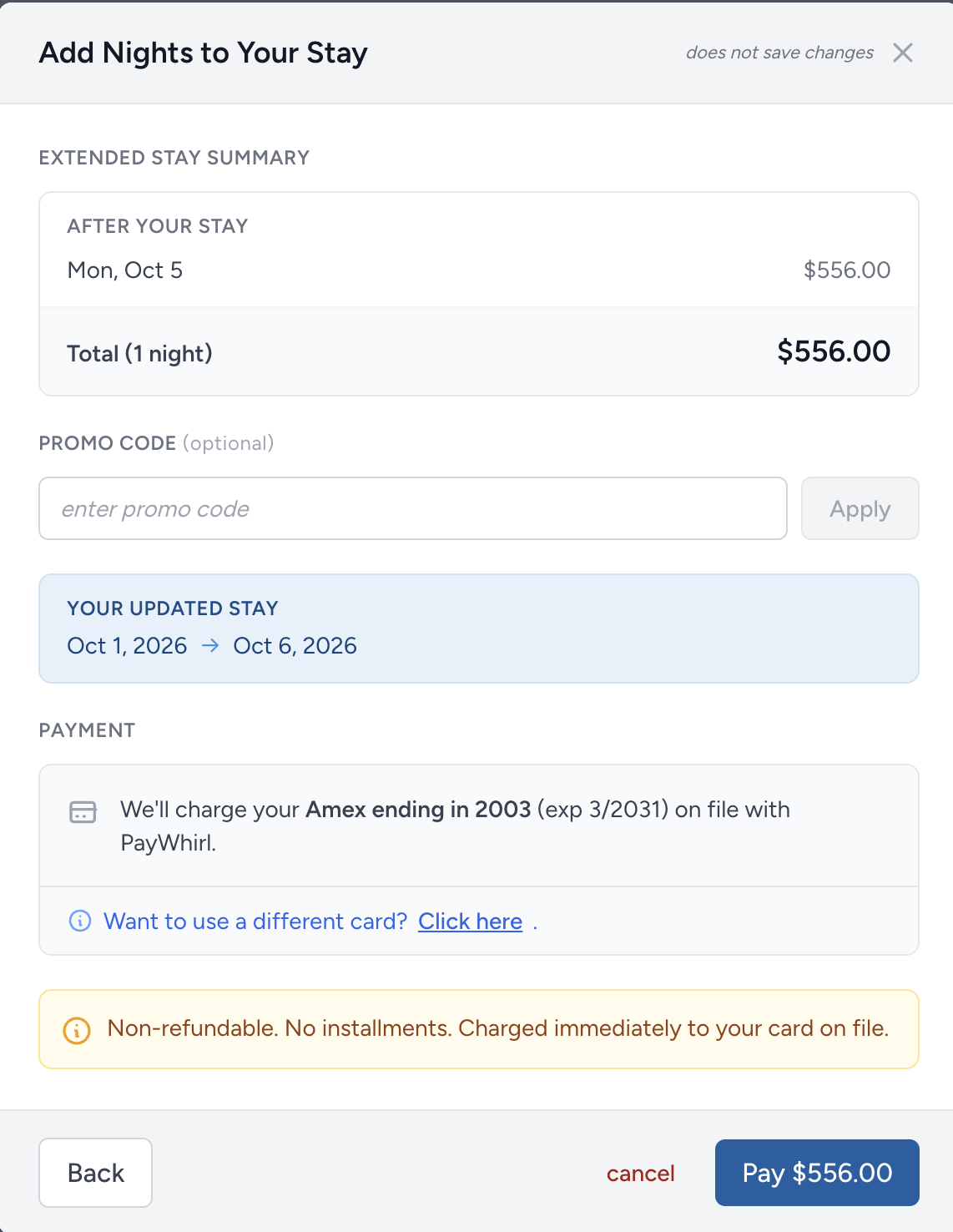 The Extended Stay Summary window showing your total and payment